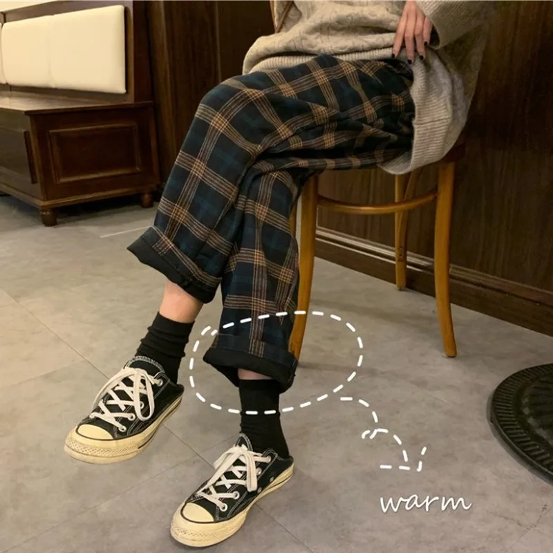 

HOUZHOU Winter Plaid Pants Women Loose Straight Warm Pants Women Casual Jokers Trousers Women Fashion Wide Leg Checkered Pants