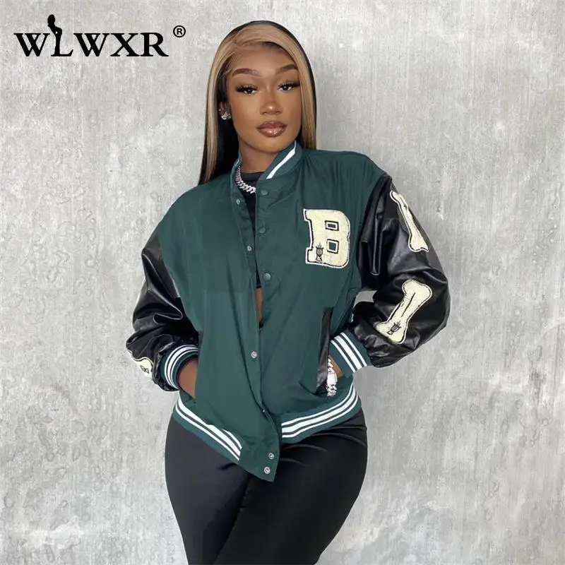 

WLWXR Autumn Streetwear Patchwork Leather Jackets For Women 2021 O Neck Long Sleeve Button Coat Women Varsity Baseball Jacket