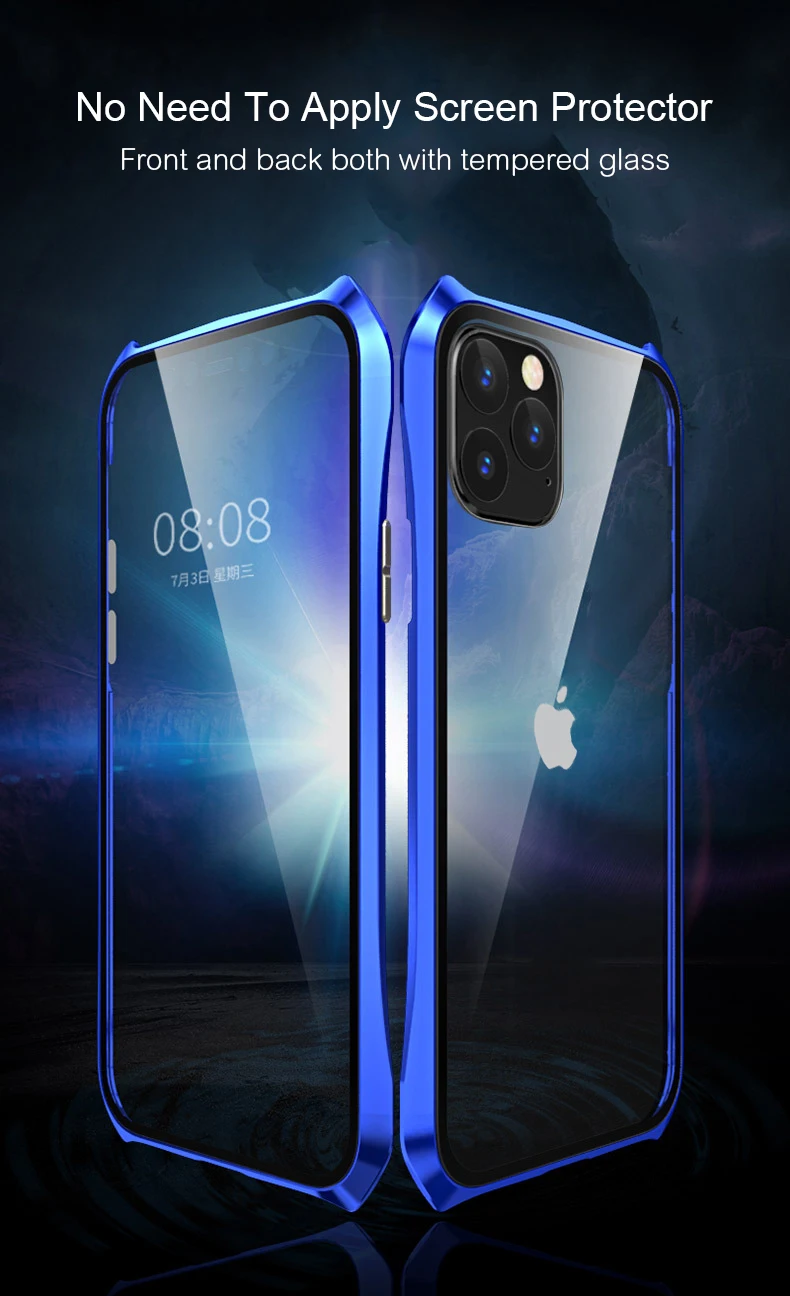 Двухсторонний задний+ передний стеклянный Магнитный чехол для Apple iPhone 11 Pro Max Роскошный Алюминиевый металлический бампер 360 Защитный чехол с петлей