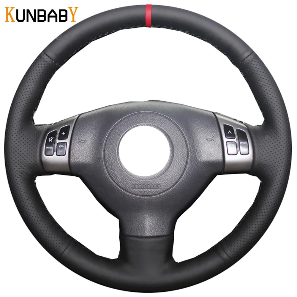 

KUNBABY Car Styling Black Genuine Leather Car Steering Wheel Cover Red Marker on Top for Suzuki SX4 Alto Old Swift Opel Agila