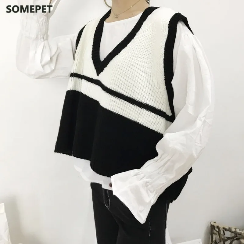 

Sweater Vest Women Striped Loose Preppy Sleeveless Sweaters Students Korean Style Autumn Winter Outwear Chic Retro Knitted New