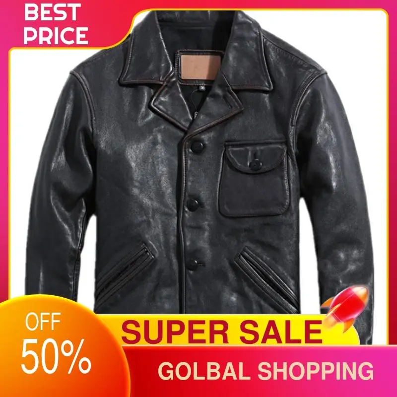 

2021 Vintage Black Retro Casual Style Genuine Leather Jacket Men Plus Size 3XL Real Natural Horsehide Slim Fit Autumn Coat