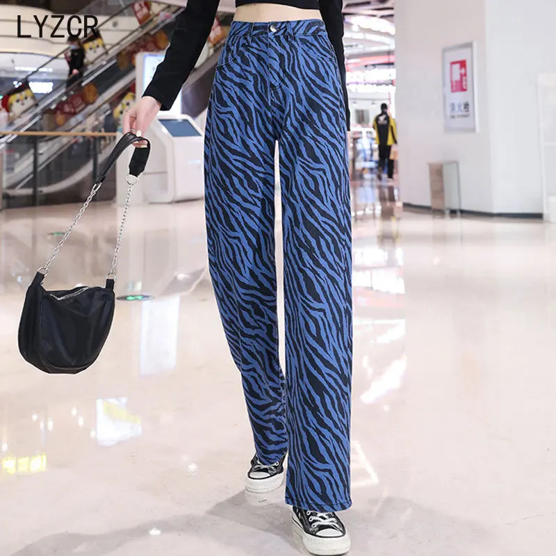 

LYZCR Print Jeans Woman High Waist Loose Wide Leg Women's Fashion Jeans with Print Striped Denim Trousers High Waisted Jean