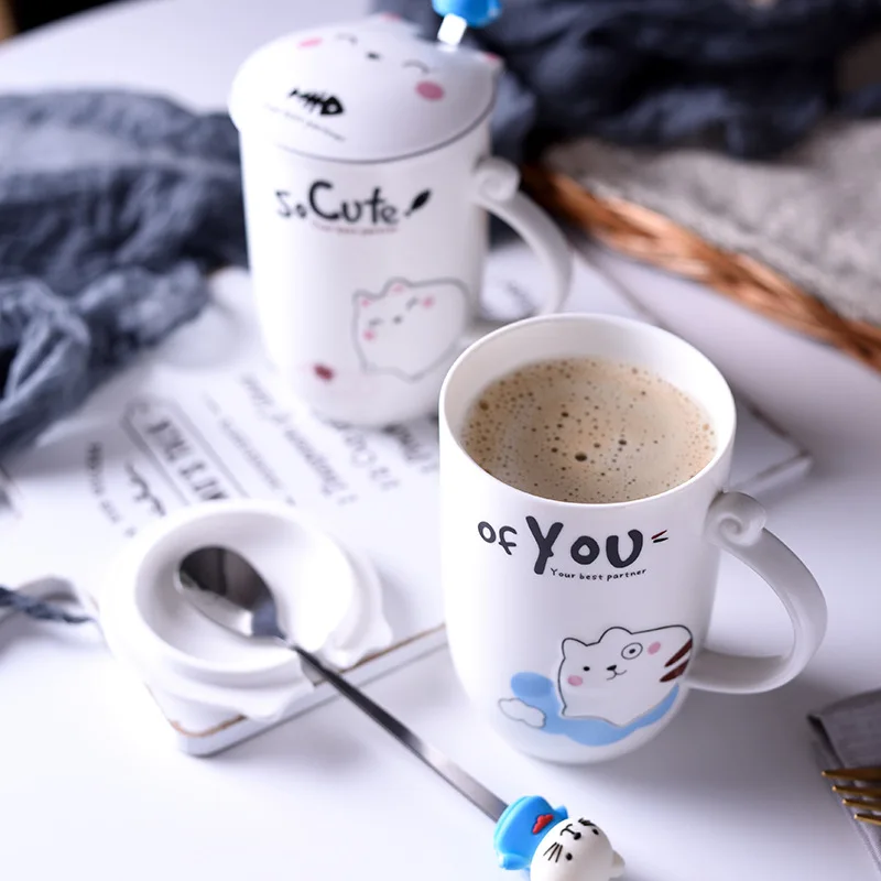 

350ML Cute Cat Milk Mug with Lid Spoon Couple Breakfast Ceramic Cup Ladies Office Coffee Cups Creative Trend Mugs