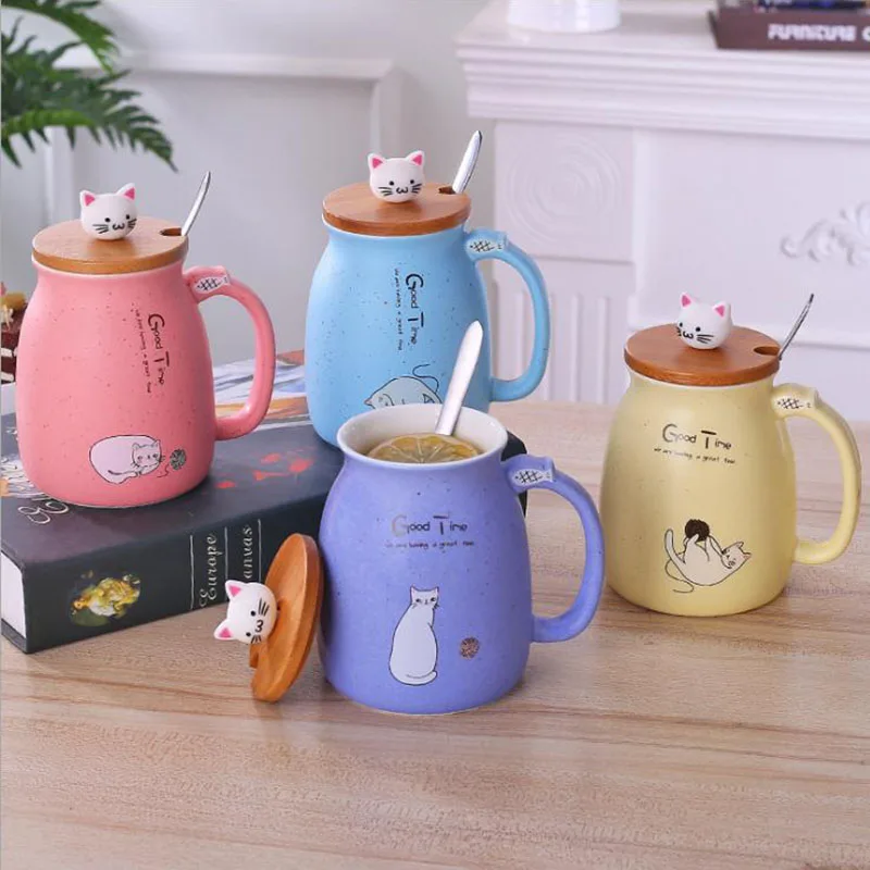 

Cat Mug With Lid Ceramic Cup Portable Milk Coffee Mug Children Office Gifts Creative Cup With Spoon and Lid Eco-Friendly