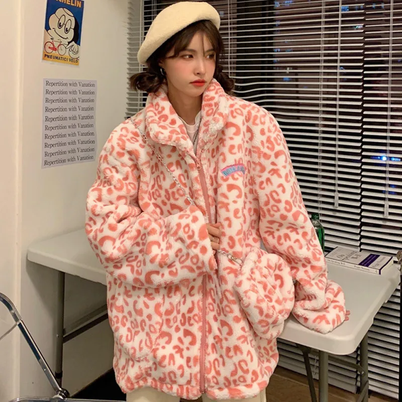 Oversize leopard print cotton women's winter  velvet thick lamb wool coat autumn ins port wind Harajuku cotton clothing tide