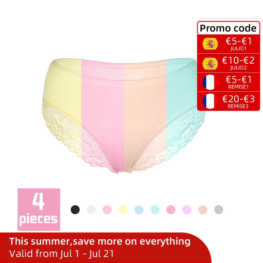 4 шт./компл. 10 однотонные хлопковые трусики с кружевом сбоку|Женские трусики| |