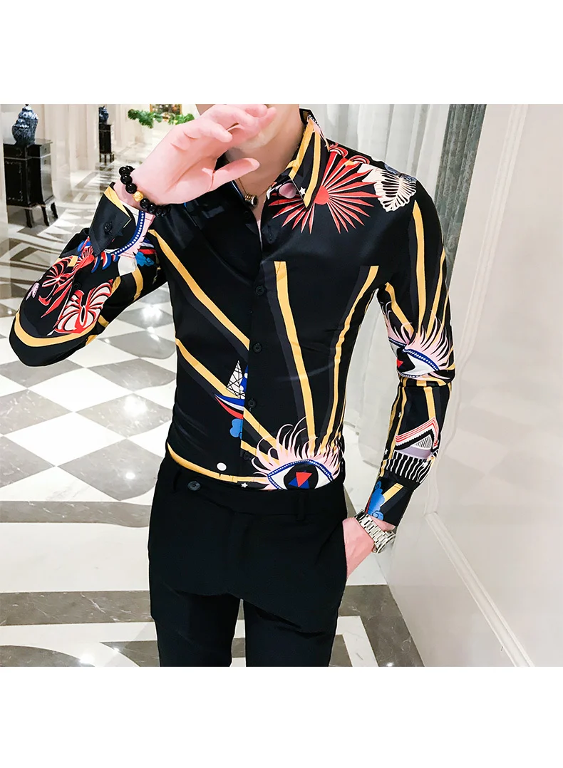 Модная полосатая рубашка с принтом для мужчин, Camiseta Masculina Manga Longa, длинный рукав, нижняя рубашка для мужчин, дизайнерские вечерние рубашки для ночного клуба