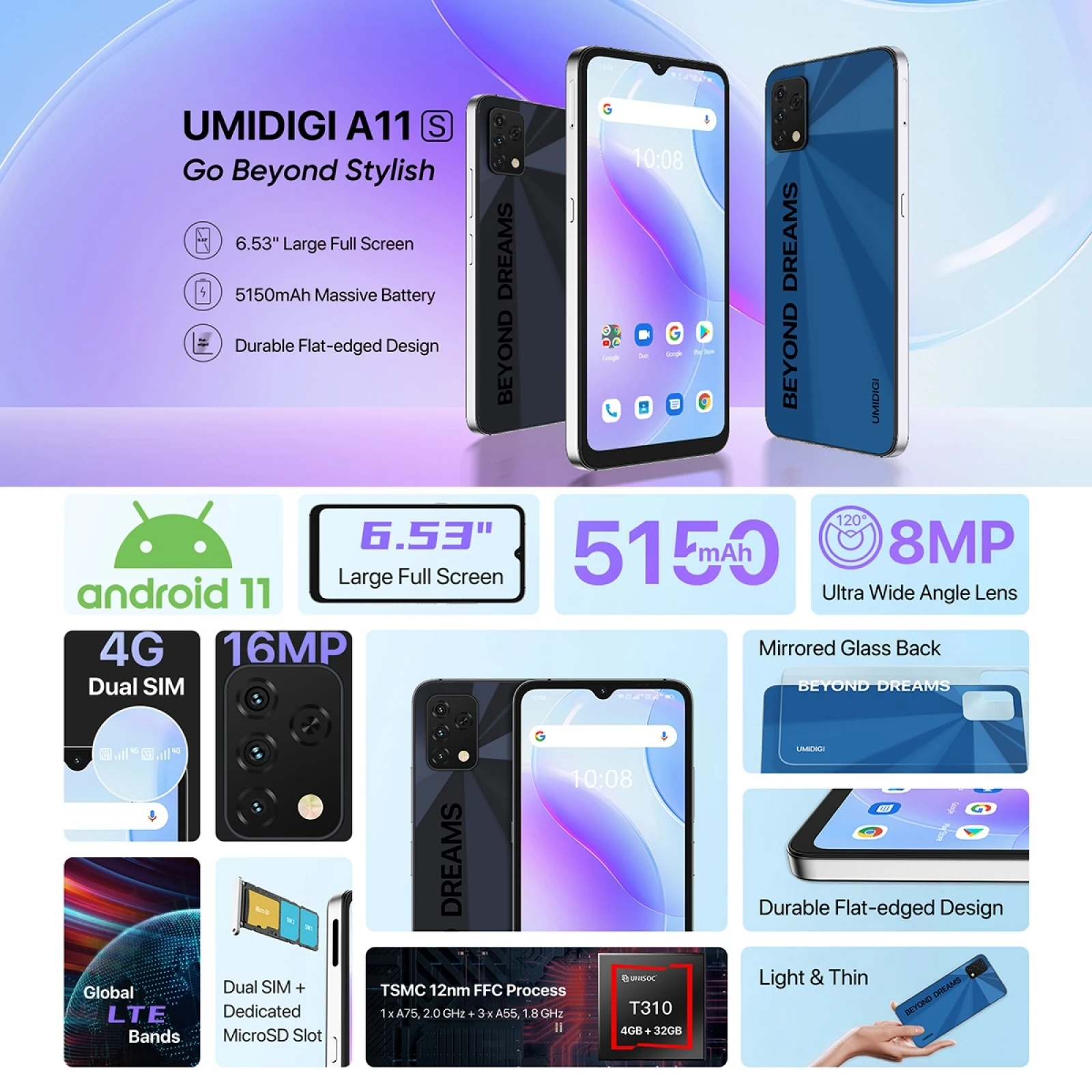 umidigi a11s global version smartphone 6 53 hd 4gb 32gb ums312 t310 android 11 mobile 16mp triple camera 5150mah cellphone free global shipping