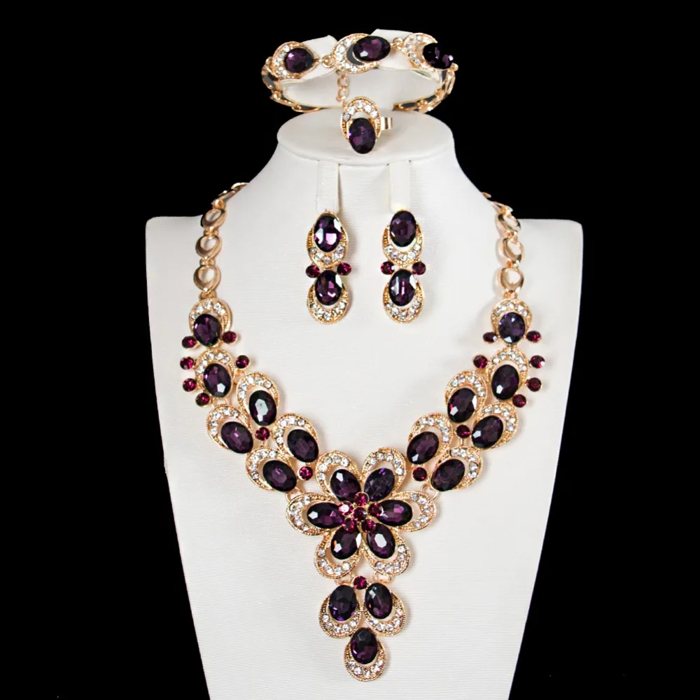 

4pcs Fashion Nigeria Bridal Jewelry Sets Austrian Red Purple Crystal Earrings Necklace Ring Bracelet African Beads Jewelry Set