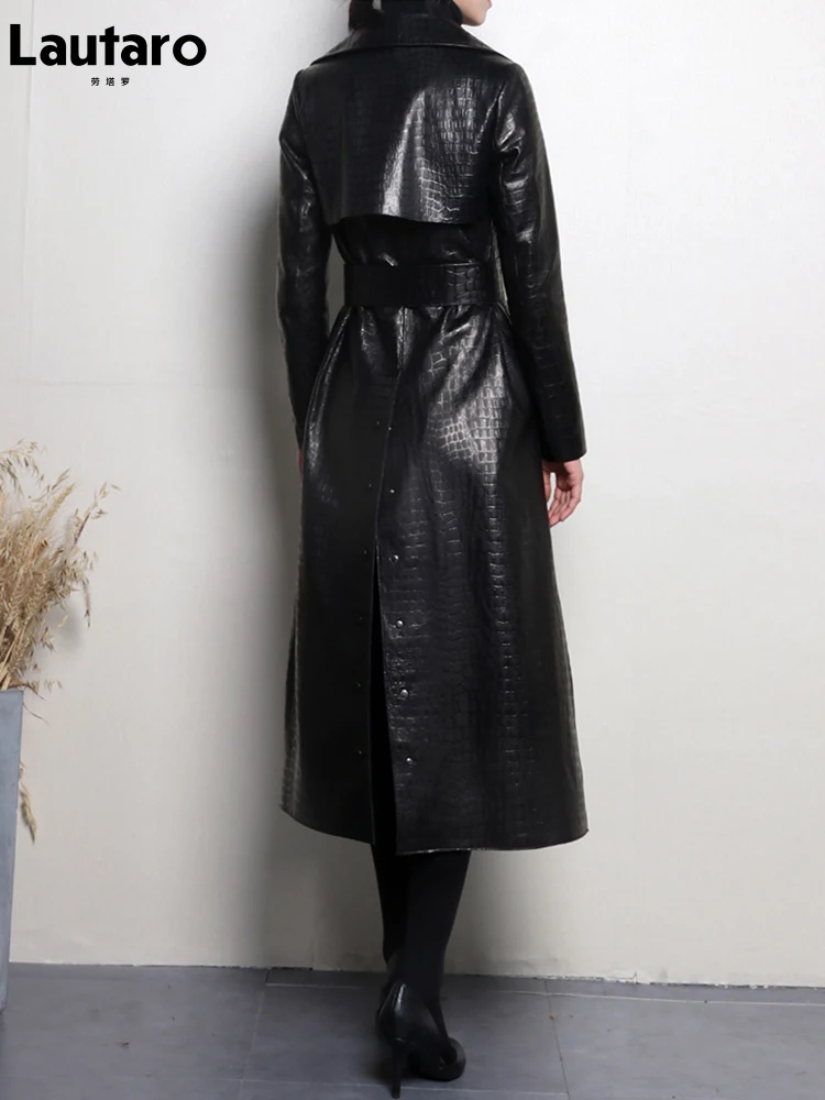 Lautaro Осенний длинный черный кожаный плащ с крокодиловым узором для женщин