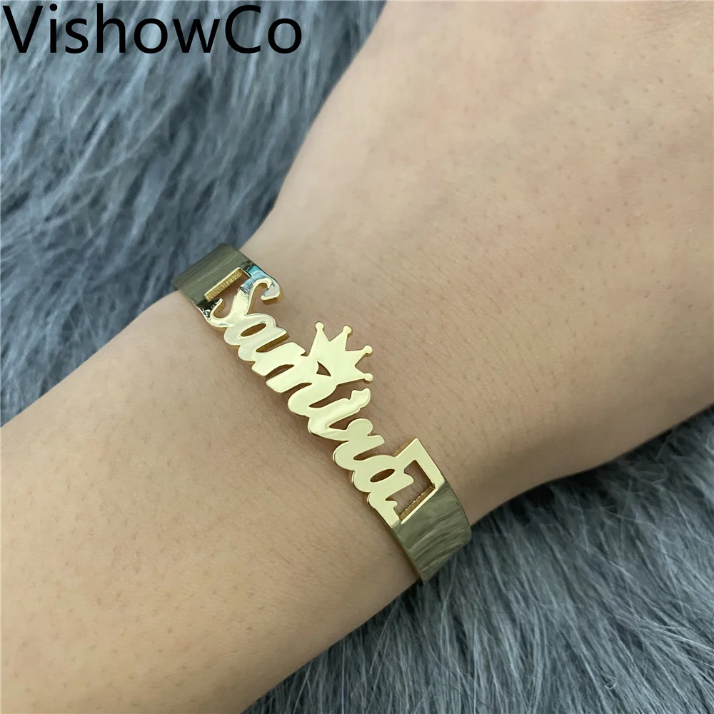 

VishowCo Custom Name Bracelet Personalized Stainless Steel Nameplate Bracelets Adjustable DIY Baby Name Bangle Jewelry For Women