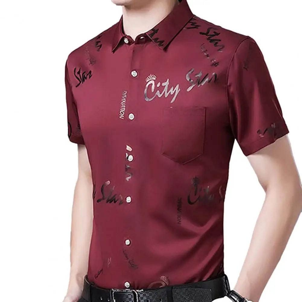 

Men Social Shirt Letter Pocket Summer Turndown Collar Slim Top for Party Men's Clothing Business рубашка мужская Summer