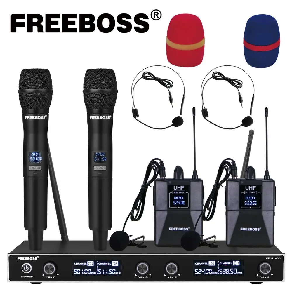FREEBOSS FB U400H2 4 канальная UHF Беспроводная микрофонная система с 2 боди пакетами и
