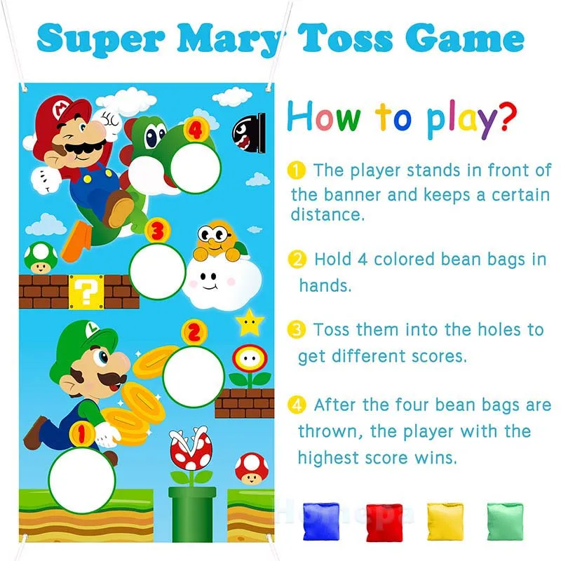 Juegos de Mario Bros Toss, 4 bolsas de frijol, juego de lanzar, pancarta, Fiesta Tem&aacute;tica, decoraci&oacute;n de carnaval, para interior y exterior, grupo deportivo para ni&ntilde;os-1