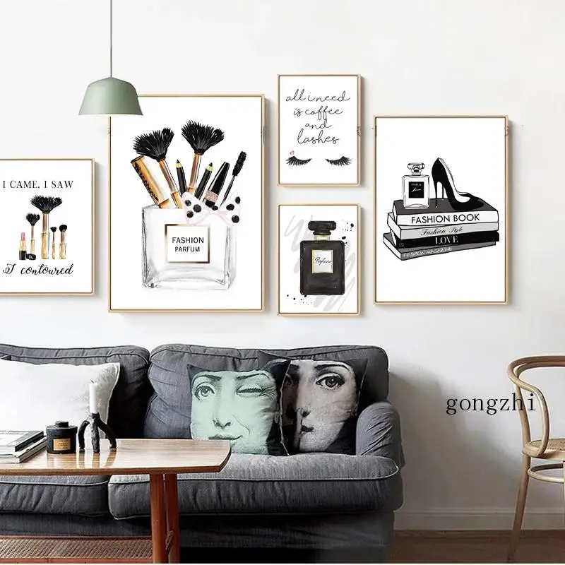

Perfume High Heels Coffee Black White Poster Nordic Fashion Makeup Canvas Painting Modern Wall Art Picture for Living Room Decor