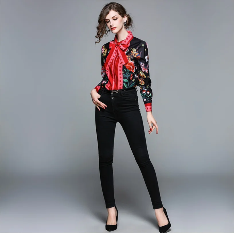 

2021 Spring Newest Women Vintage Printing Shirts Lady's Turn-Down Collar Long Sleeve Single-breasted Easy Matching Blouse