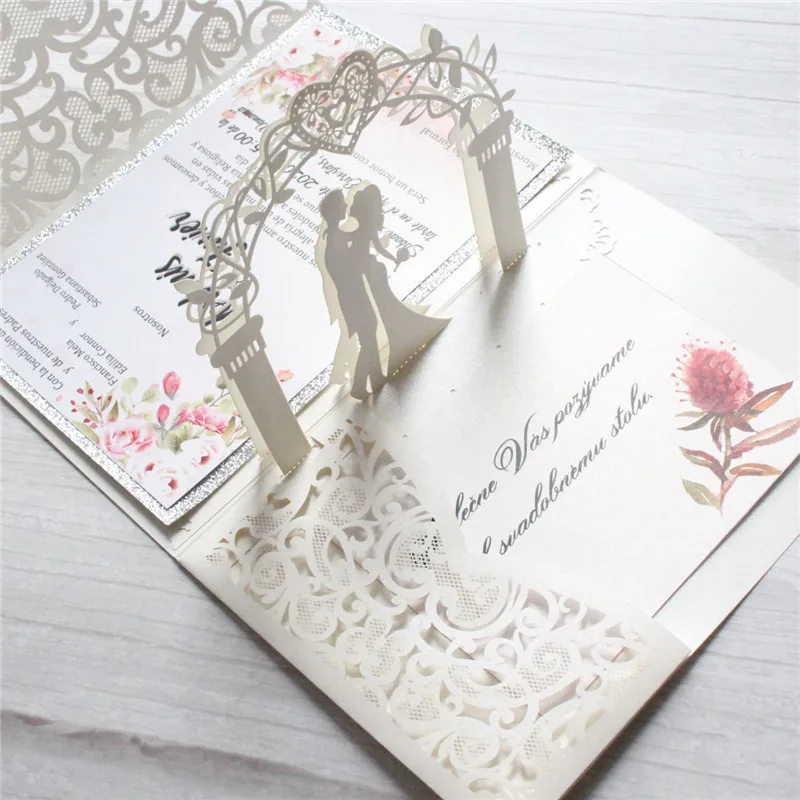 Ivory pop up wedding card valentine greeting card personalize printing glitter silver border 50 sets