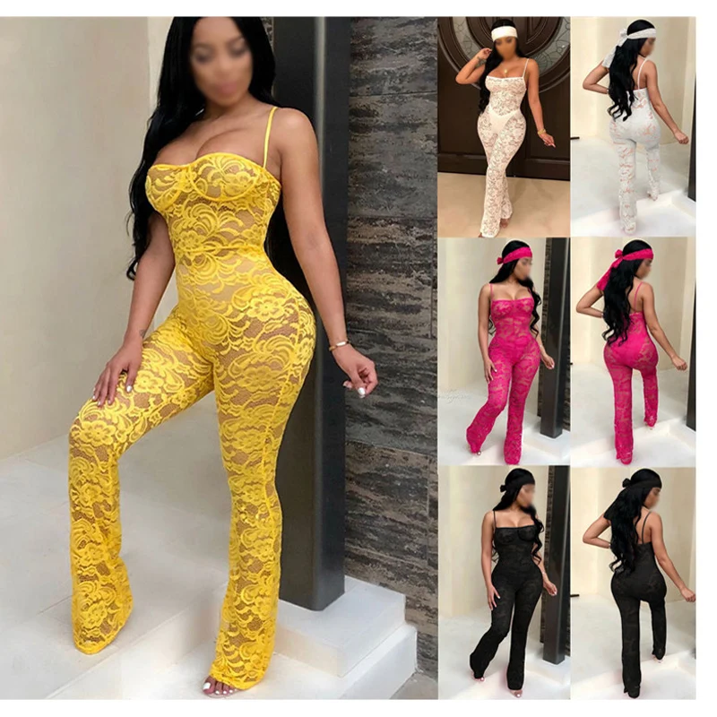 

Kayotuas Women Jumpsuit New Fashion Rompers Clubwear Hollow Out Party Chiffon Outwear Lace Sleeveless Clothing Leotard Trouser