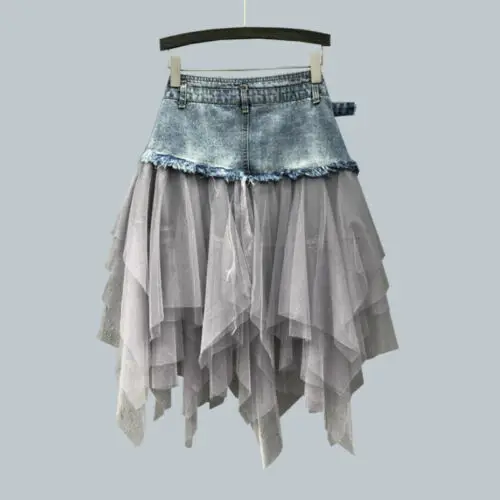 Женская джинсовая сетчатая юбка с высокой талией асимметричная из тюля оборками