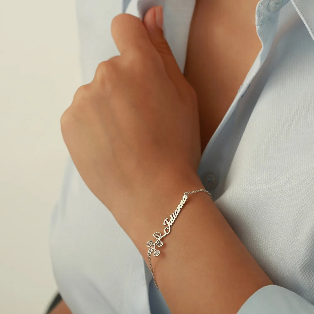 Custom Name Bracelet Stainless Steel Personalized Name With Birthday Flower Nameplate Bracelet Jewelry For Women Birthday Gift