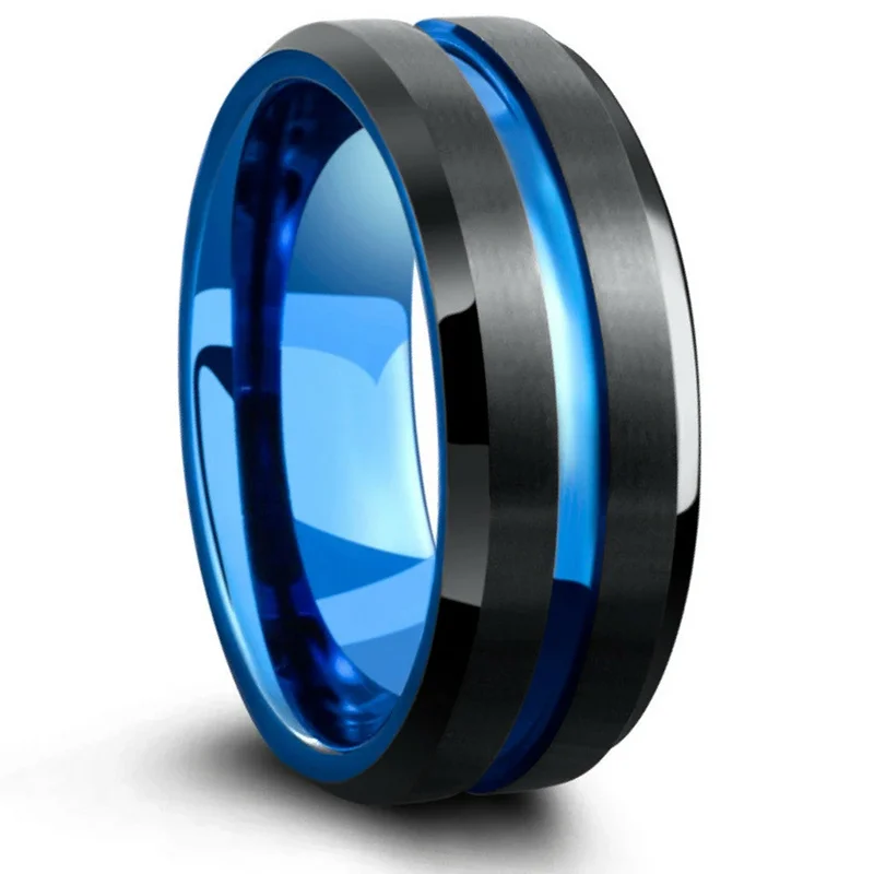 

Trendy 8mm Black Tungsten Men Wedding Stainless Steel Rings Blue Groove Beveled Edge Black Brushed Promise Ring Men Wedding Band