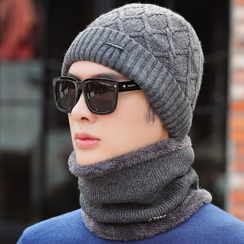 Брендовая Зимняя шляпа вязаная шапка шарф Skullies Beanies мужские зимние шапочки для мужчин и женщин Gorras шерстяной берет маска мужская шапка Кепка - Цвет: Hat scarf gray