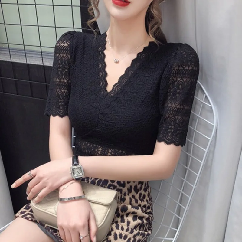 

Блузка женская кружевная с V-образным вырезом, однотонная эластичная рубашка с коротким рукавом-фонариком, с вырезами, лето 2020