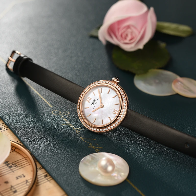 

I&W 2021 New Gold Women Watch Rhinestone Bezel Genuine Leather Strap Quartz Watches For Women Bracelet Fashion Relogio Feminino