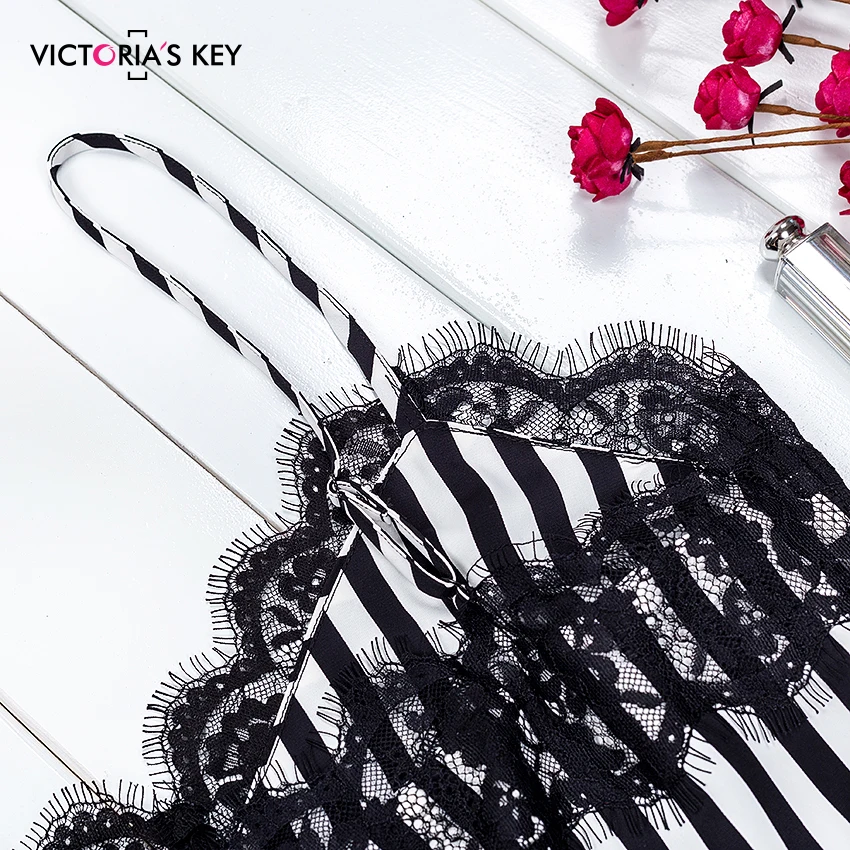 Ночное белье в черно-белую полоску от VICTORIA'S KEY, женское сексуальное нижнее белье, топ с кружевной отделкой и короткая Пижама, набор, осень, ночная рубашка