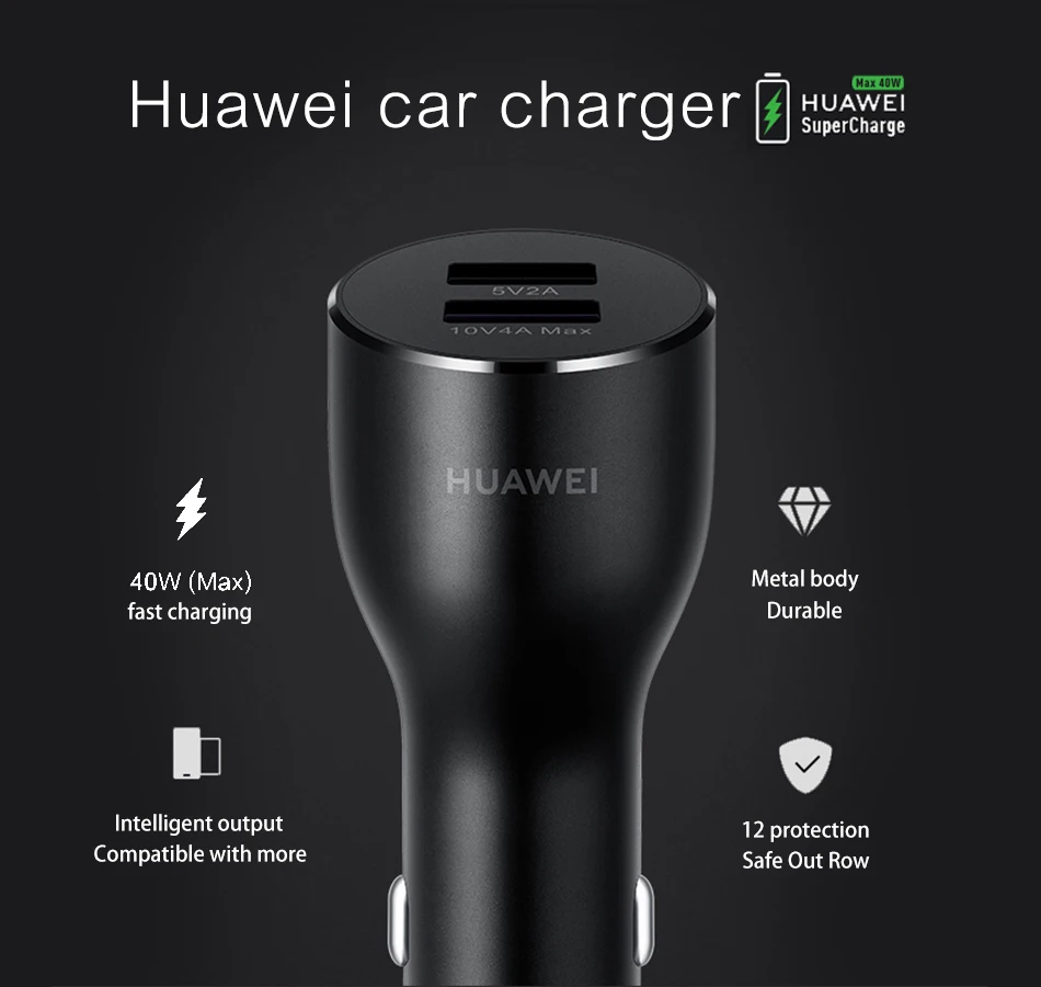 Автомобильное зарядное устройство HUAWEI 2 Supercharge CP37 быстрый адаптер 5A USB C кабель 40 Вт макс 10 в 4A двойной USB Honor 20 V10 P30 Pro P10 P20