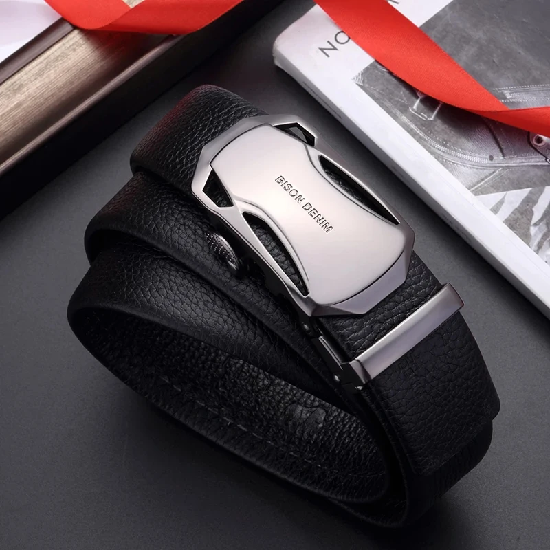 Bison Denim Luxury Cowhide Men Belt Genuine Leather Belts for Business Male Alloy Car Model Automatic Buckle Belts And Gift Box