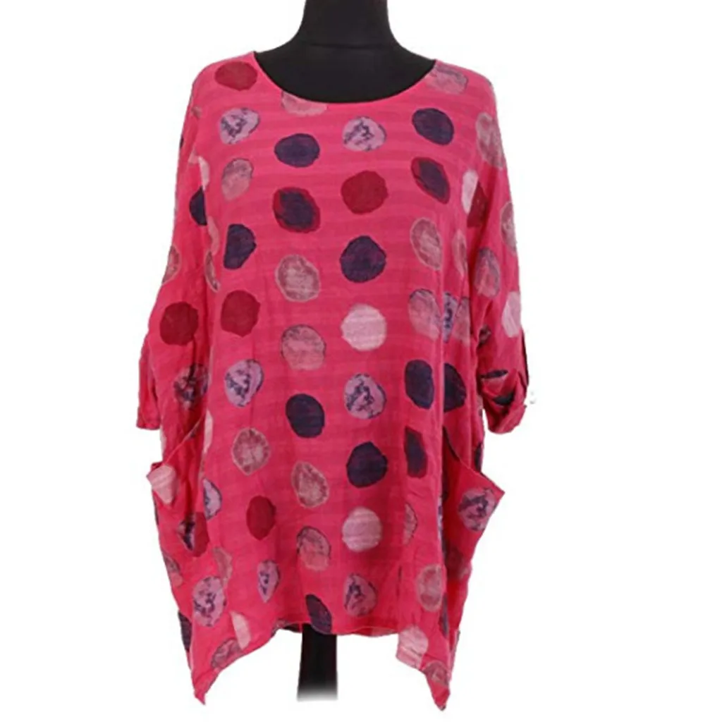 Hot Pink Осенняя Новая модная женская рубашка с длинными рукавами и карманами большого размера с принтом в горошек Повседневная Блузка - Цвет: Hot Pink