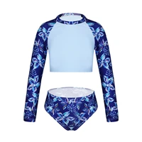 kids girls floral print swimsuit two piece swimwear long sleeves crop top and briefs set children beach bathing suits 4 16y
