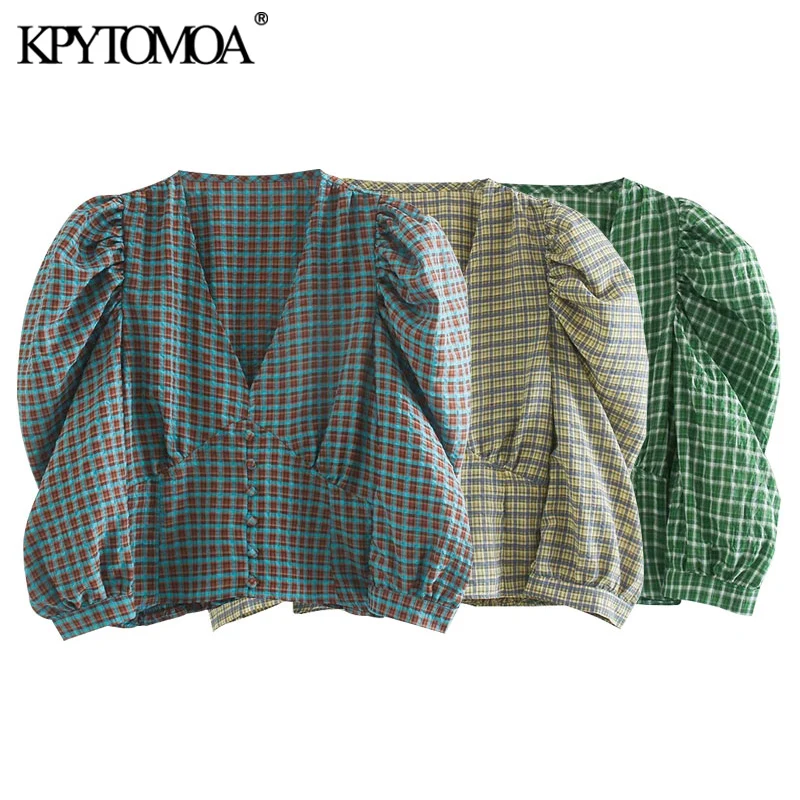 

KPYTOMOA Women 2021 Fashion With Buttons Cropped Check Blouses Vintage V Neck Lantern Sleeve Female Shirts Blusas Chic Tops