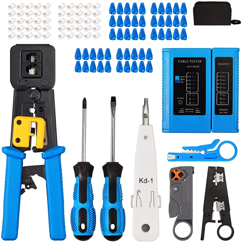 

HTOC RJ45 Crimping Tool Set For RJ11/RJ12/CAT5/CAT6/Cat5e LAN Cable Network Repair Set With Wire Connector Stripper Cutter