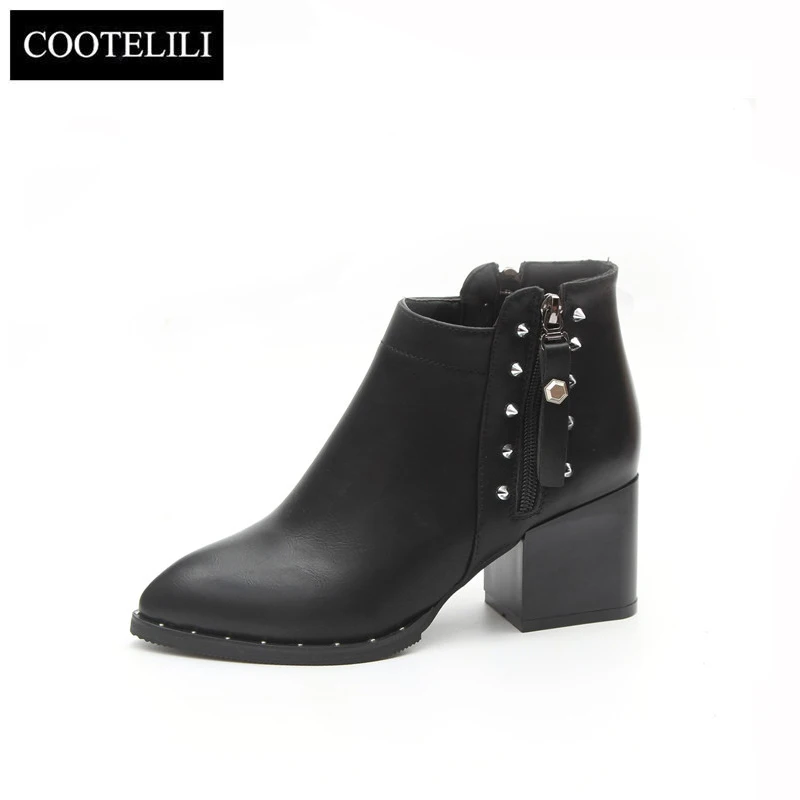 

COOTELILI Comfortable 5cm High Heels Ankle Boots For Women Pointed Toe Warm Autumn Winter Shoes Women Black Zipper Fashion
