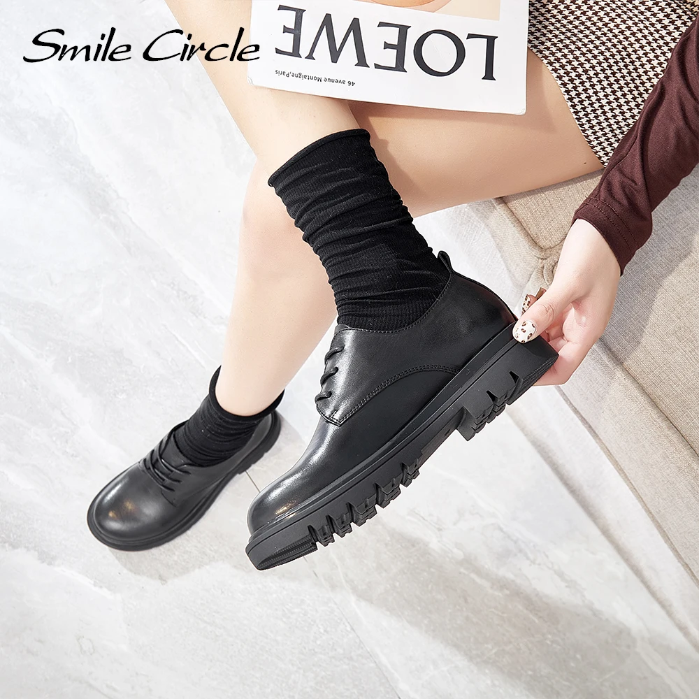 

Smile Circle Loafers women shoes Summer Cow Leather 2021 Fashion British style Round toe Middle heel Ladies Shoes