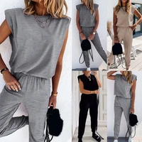 Shoulder Pad Women Two Piece Sets Female Solid Sleeveless Blouse High Waist Long Pants Set 2020 Autumn Casual Fashion Lady Suits