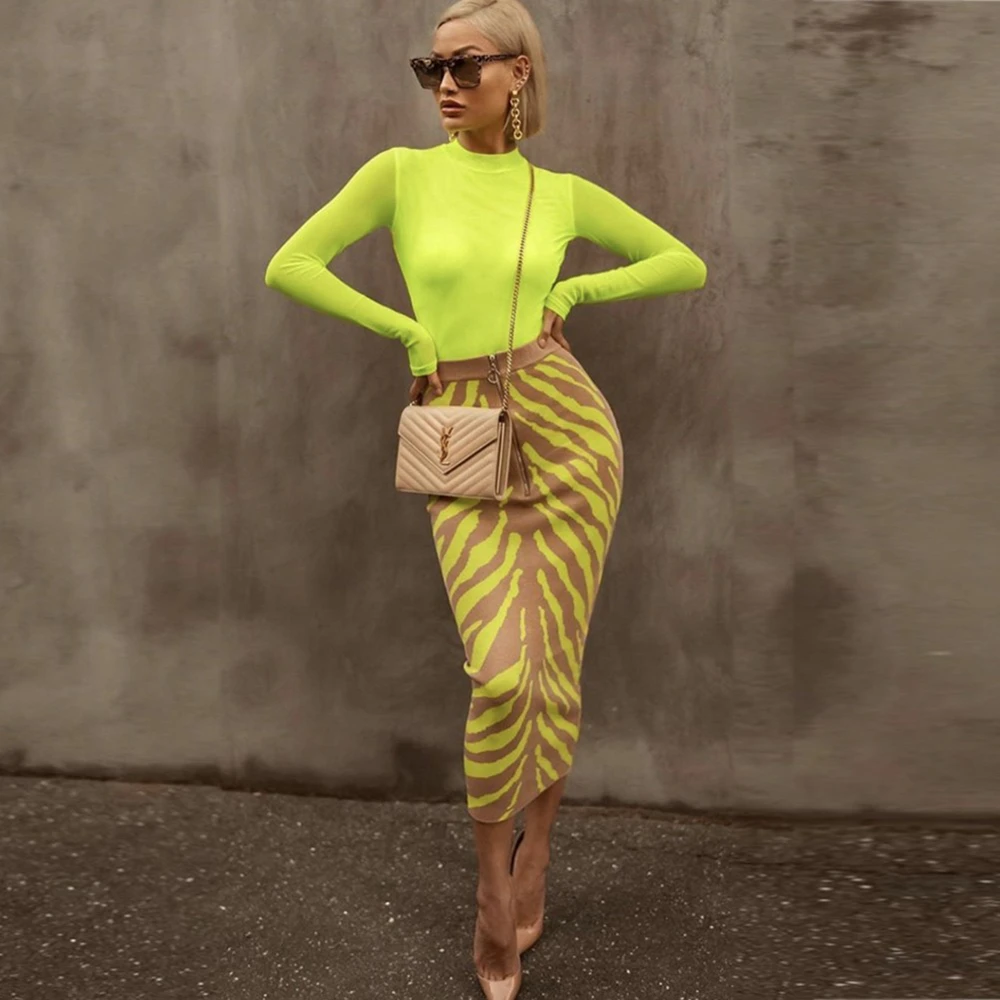 

New Arrival 2020 Fashion Long Bandage Skirt Women Lime Zebra Print Bodycon Bandage Skirt Midi Club Party Skirt