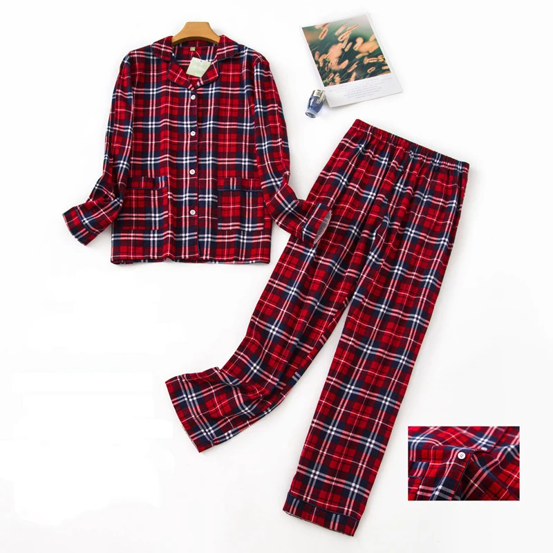 

Women Pajama Set 100% Cotton Nightshirt Plaid Pyjama Set Long Sleeve Sleepwear Women Top Long Pant Nightwear Loungewear