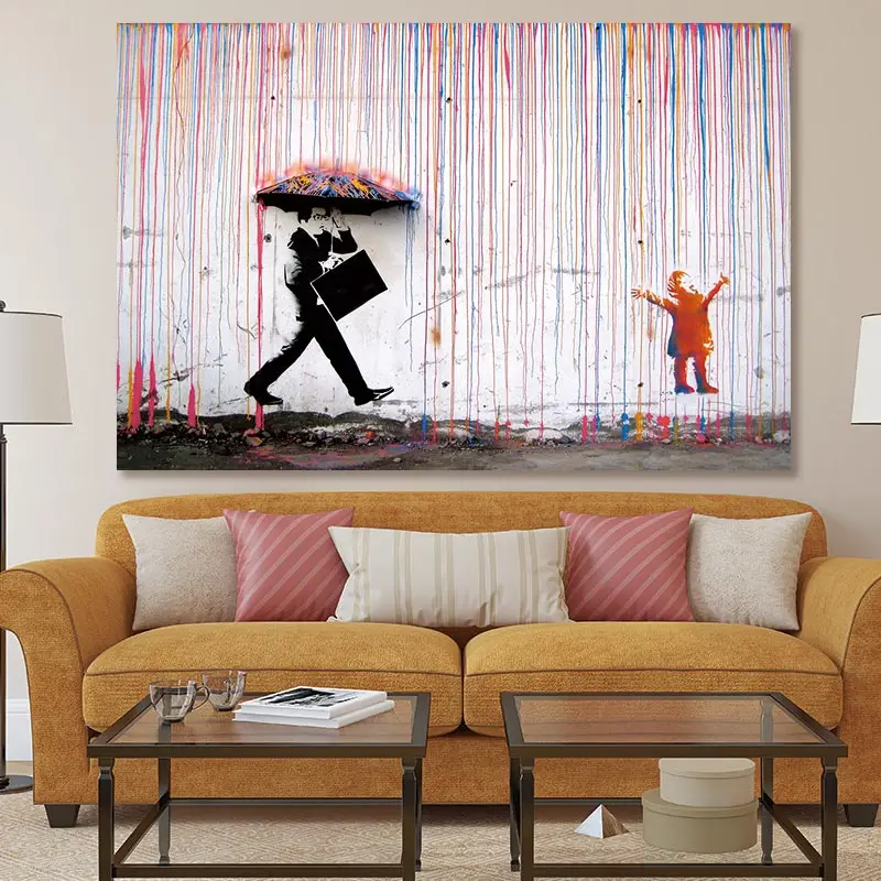 Banksy красочные дождь стены искусства холст картина домашний декор, произведение искусства плакаты и принты настенные картинки без рамки