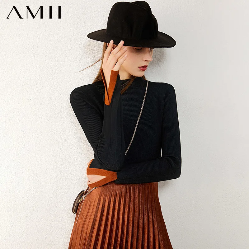 

Amii Minimalism Autumn Winter Women's sweater Fashion Spliced Slim Fit Turtleneck Sweater For Women Tops 12040780