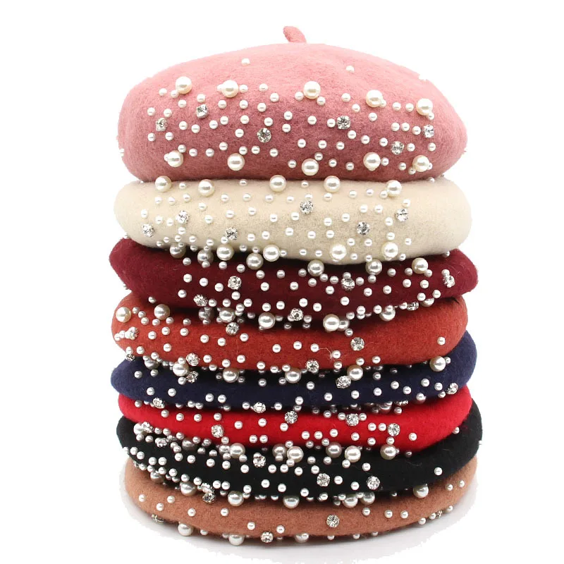 Женский Зимний берет теплая шерстяная шапка во французском стиле с жемчугом и