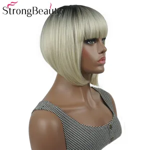 StrongBeauty короткий прямой Боб с аккуратной челкой, натуральный синтетический парик без косточек для женщин, много цветов