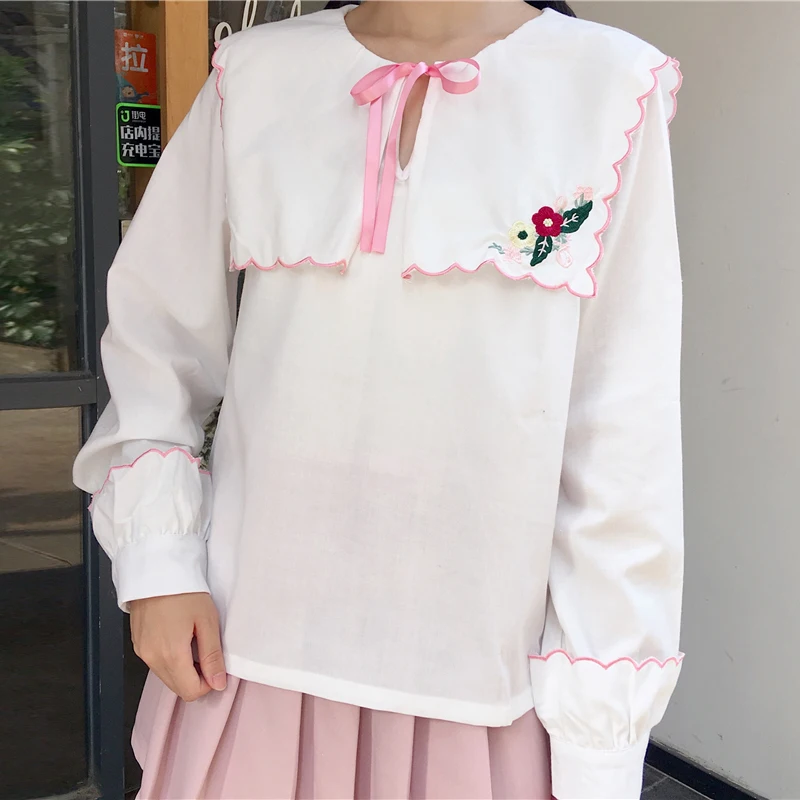 

japan style peter pan collar full floral white Spring and autumn shirts Women's Clothing high quality temperament tops fashion