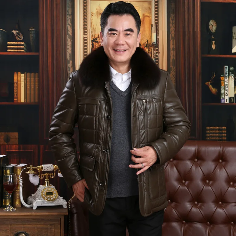 Новая зимняя утолщенная Теплая мужская куртка с меховым воротником кожаная