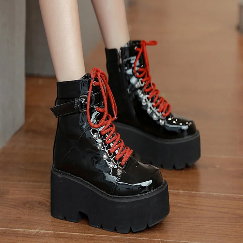 

2021 autumn and winter new thick soled muffin shoes lace up high heels short barrel boots thick heels inner heightening