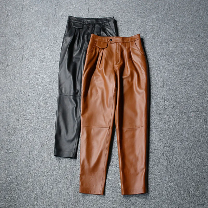 Factory New Arrival Women  High Waist European And American Fashion Genuine Leather Suit Pants ,Pencil Pants