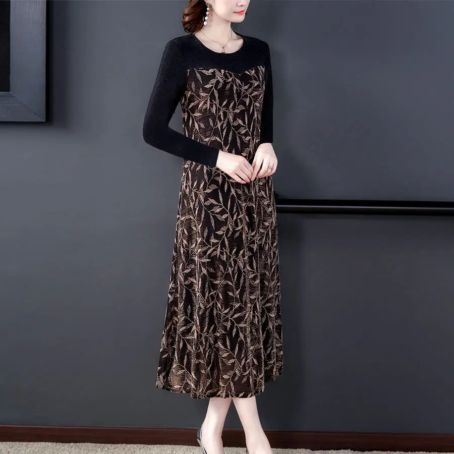 

Women 2020 Spring Autumn New Vintage Sweater Dresses Female Noble Elegant Knitted Dress Ladies Leaves Print A-line Dress P161